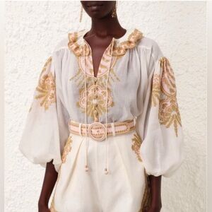 Zimmermann White and Gold Embroidered Blouse